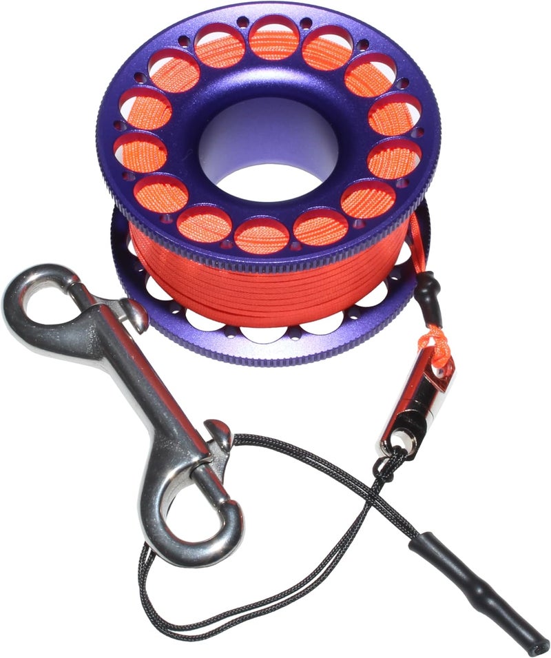 DiveTec 98FT SCUBA DIVING REEL – Aluminum Spool with Dual-Ended Snap, Vibrant Orange Anti-Twist Nylon Line, Large Center Opening & Hanging Buckle for Wreck/Reef Diving (PURPLE) - Image 1